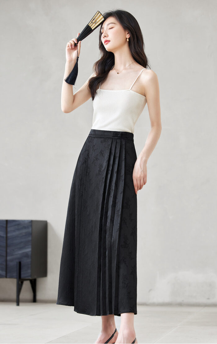 Spring and Autumn new style buckle decoration versatile slimming satin jacquard single skirt