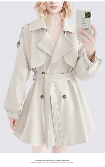 25 year spring suit lapel double breasted trench coat, fashionable waist cinched coat