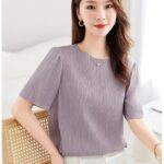 91.1% mulberry silk, Monet purple vertical stripe top, high elasticity T-shirt for women