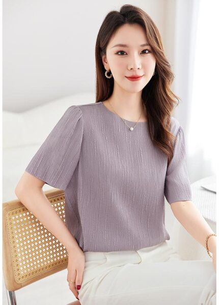 91.1% mulberry silk, Monet purple vertical stripe top, high elasticity T-shirt for women