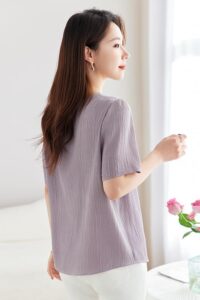 91.1% mulberry silk, Monet purple vertical stripe top, high elasticity T-shirt for women