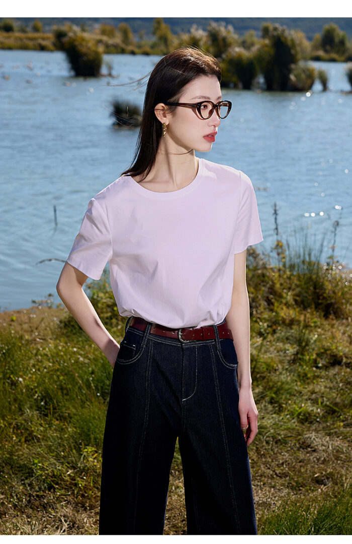 Large size women's clothing 2025 spring new item all cotton basic round neck T-shirt short sleeved