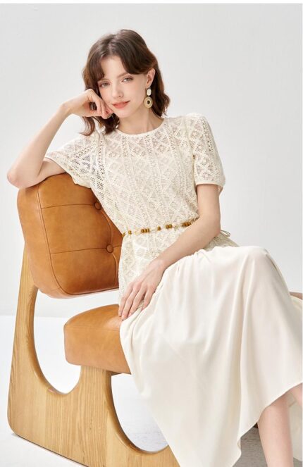 NAWAIN hollow out short sleeved knitted sweater with suspender dress two-piece set