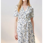 V-neck drawstring waistband printed short sleeved design women's dress
