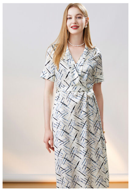 V-neck drawstring waistband printed short sleeved design women's dress