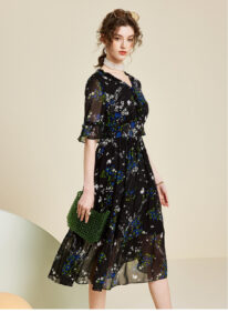 SAITU 100% Mulberry Silk Lotus Leaf Edge Fragmented Silk Dress