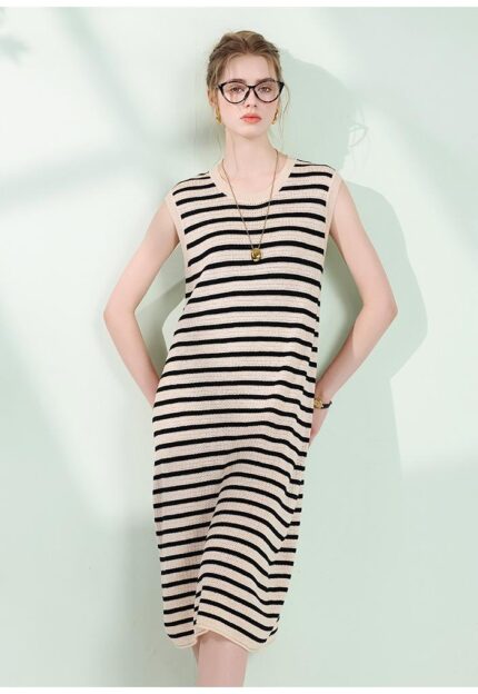 SAITU striped hook and flower hollow knitted straight tube vest dress