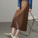 Coffee colored leather skirt, women's half length skirt, A-line skirt, slimming effect, slit long skirt