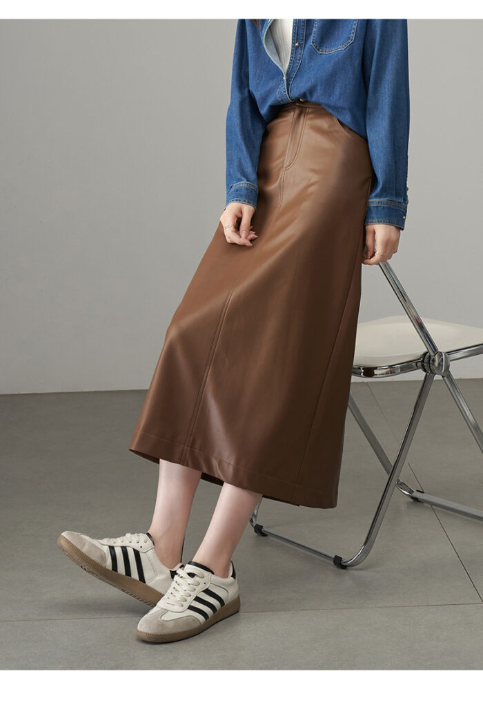 Coffee colored leather skirt, women's half length skirt, A-line skirt, slimming effect, slit long skirt