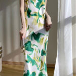 Ladies' satin white green yellow dress