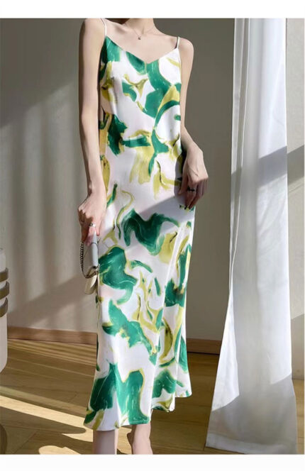 Ladies' satin white green yellow dress