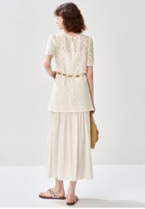 NAWAIN hollow out short sleeved knitted sweater with suspender dress two-piece set