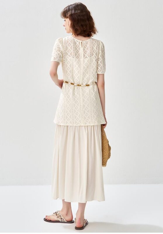 Conjunto de dos piezas de vestido de tirantes de aguja de manga corta hueca nawain