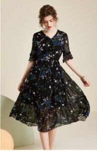 SAITU 100% Mulberry Silk Lotus Leaf Edge Fragmented Silk Dress