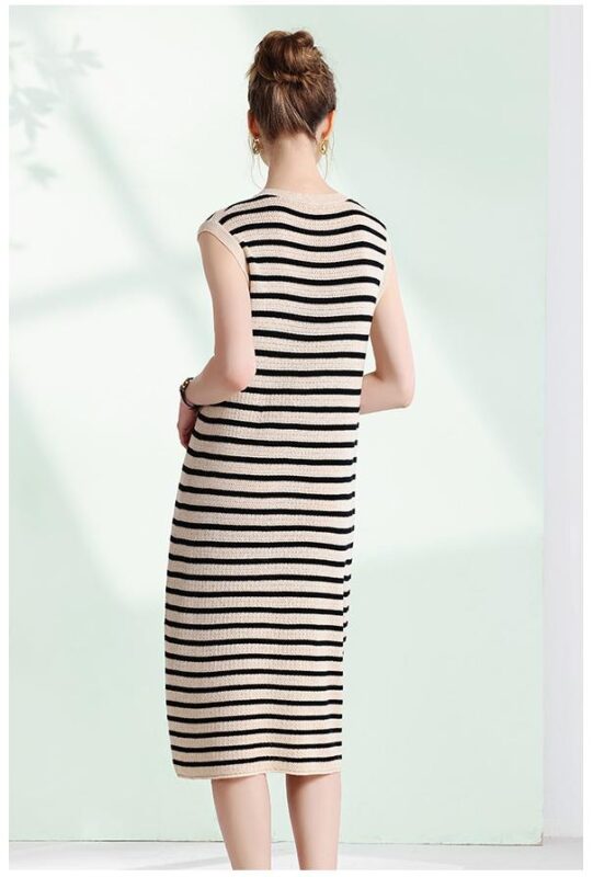 Vestido de chaleco de punto recto con ganchillo a rayas saitu