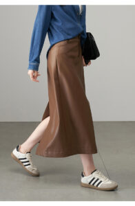 Coffee colored leather skirt, women's half length skirt, A-line skirt, slimming effect, slit long skirt