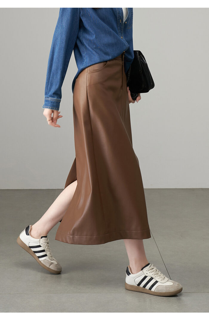 Coffee colored leather skirt, women's half length skirt, A-line skirt, slimming effect, slit long skirt