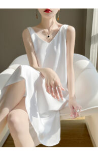 V-neck solid color versatile flat satin dress