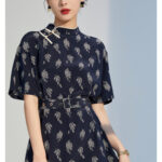 Summer temperament improvement qipao, mulberry silk plate buckle printed dress