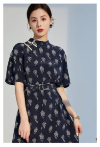 Summer temperament improvement qipao, mulberry silk plate buckle printed dress