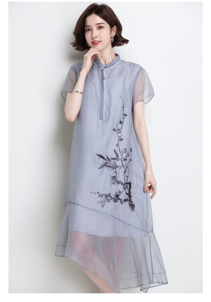 JINJU antique craft embroidered silk cheongsam dress