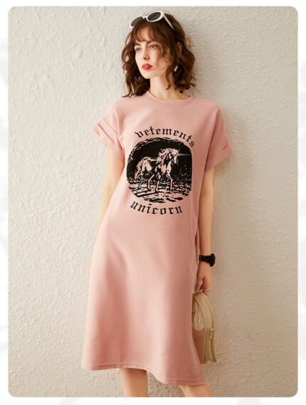 Fashionable loose retro printed slit T-shirt skirt women's dress