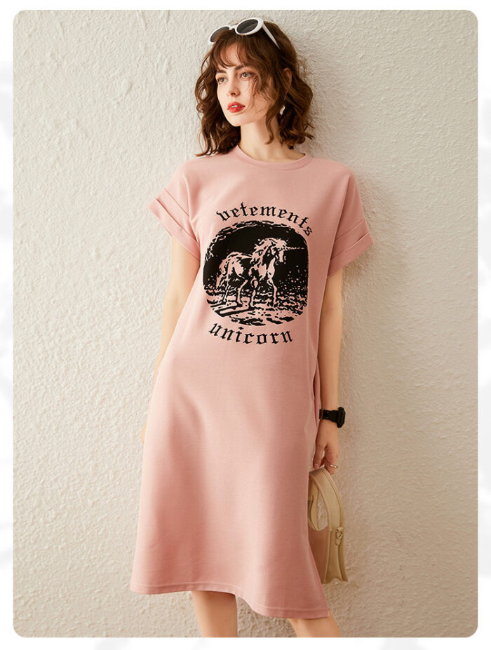 Fashionable loose retro printed slit T-shirt skirt women's dress