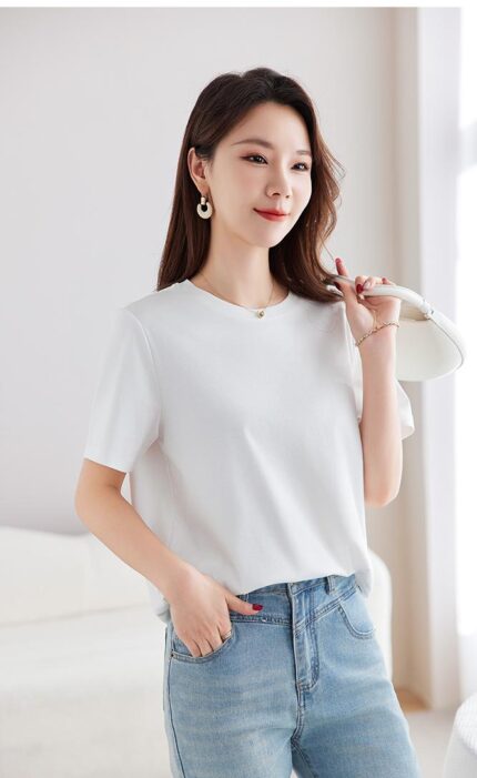 Cotton silk round neck T-shirt for commuting, slimming top for women