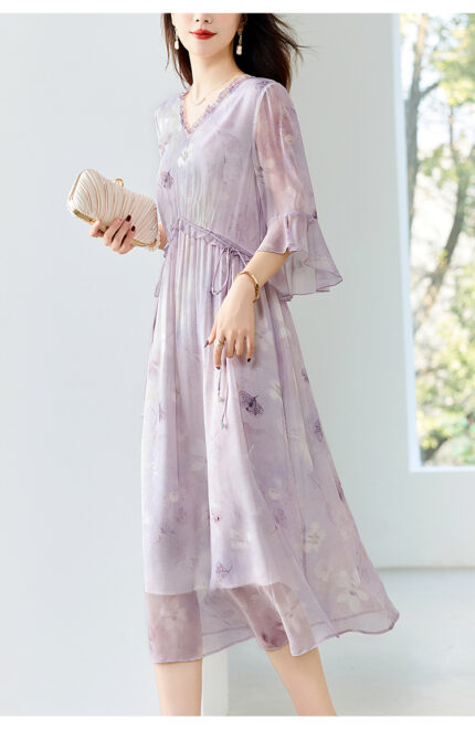 New Purple Ink Painting Printed Mulberry Silk Dress