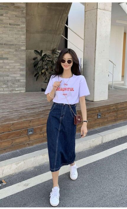 HQOMO back slit deep blue denim skirt