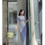 Original design floral skirt temperament geometric print V-neck dress