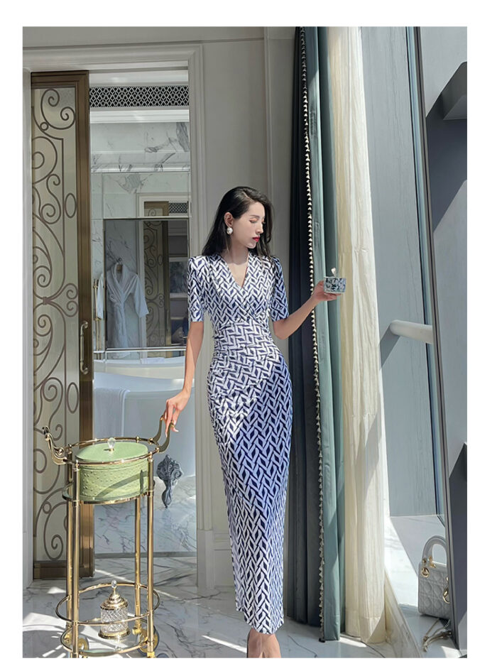 Original design floral skirt temperament geometric print V-neck dress