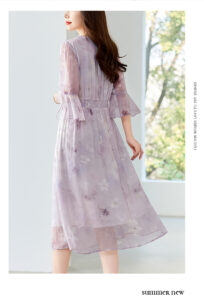 New Purple Ink Painting Printed Mulberry Silk Dress