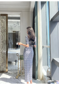 Original design floral skirt temperament geometric print V-neck dress