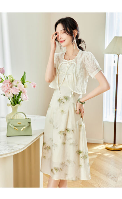 TERRE BLEUE New Chinese Style Top+Strap Skirt Two Piece Set