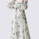 MeetMetro square collar printed waist slimming mid length dress