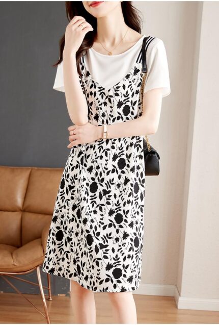 JIUYUEQ fake two-piece printed patchwork dress
