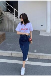 HQOMO back slit deep blue denim skirt