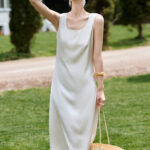 Square neck solid color mid length dress