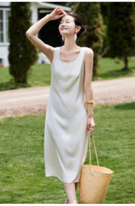Square neck solid color mid length dress