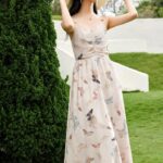 OUNIXUE Butterfly Printed High Waist Strap Dress