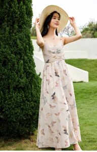 OUNIXUE Butterfly Printed High Waist Strap Dress