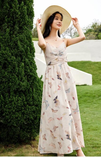 OUNIXUE Butterfly Printed High Waist Strap Dress