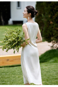 Square neck solid color mid length dress