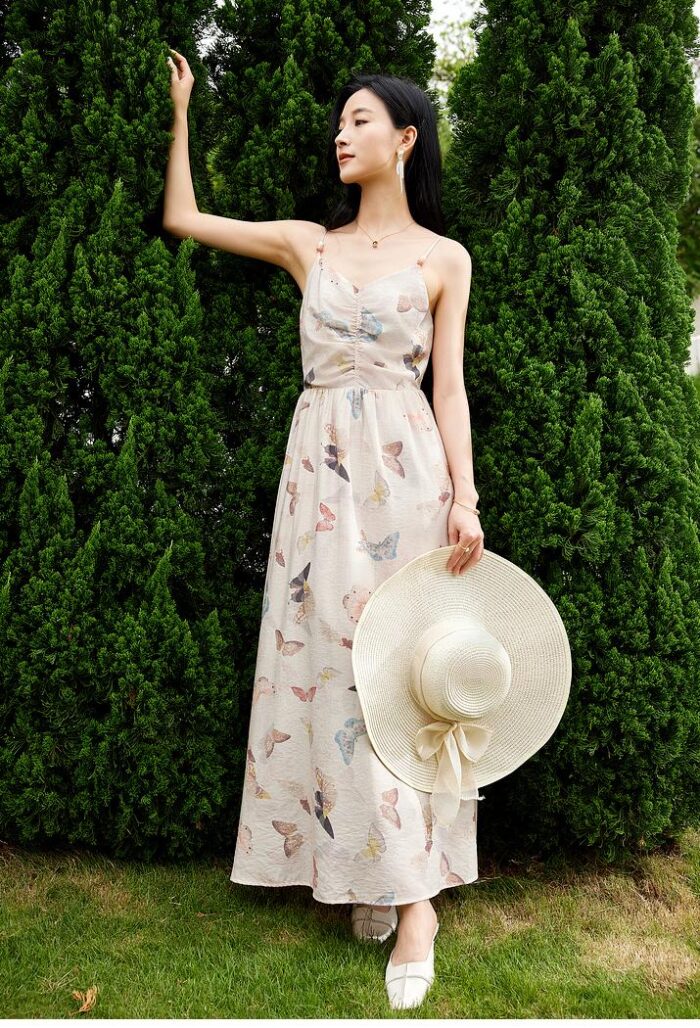OUNIXUE Butterfly Printed High Waist Strap Dress