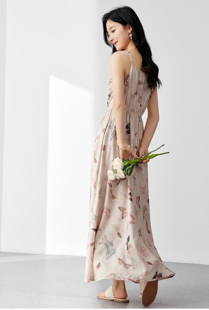 OUNIXUE Butterfly Printed High Waist Strap Dress