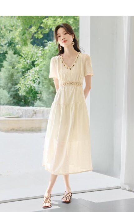 Tassel V-neck temperament short sleeved dress