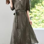 New mulberry silk line printed V-neck lace up commuting dress