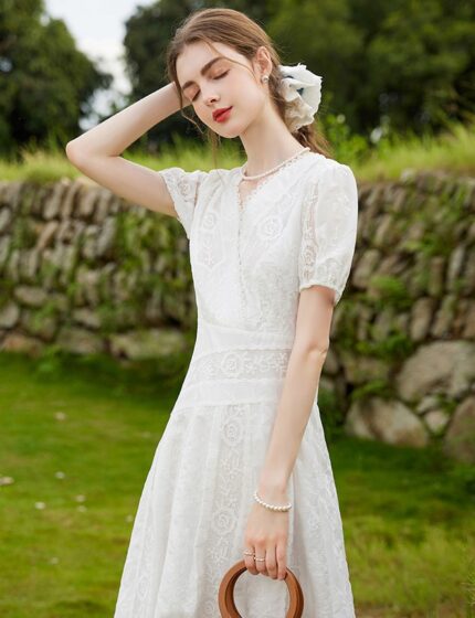 V-neck jacquard waist cinched long women's dress
