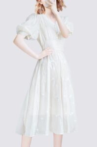 MeetMetro Bubble Sleeve Embroidered Mesh Dress